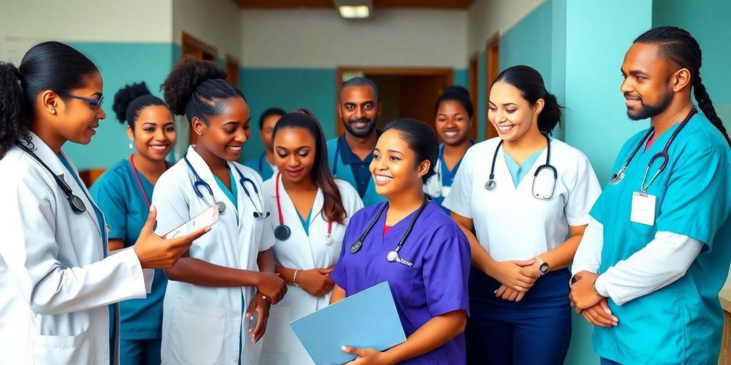 Group of healthcare workers helping in a community setting.