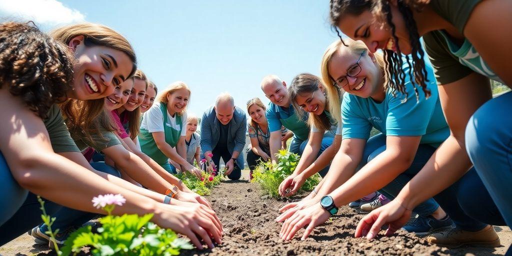 Volunteers gardening together in a community project.