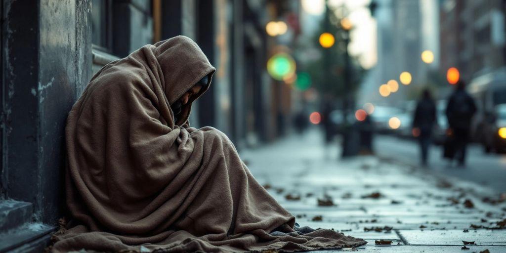 Homeless person sitting on the street in a city.