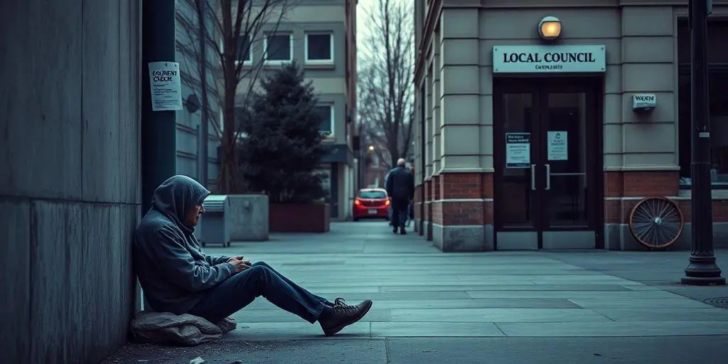 Homeless person sitting outside a local council office.