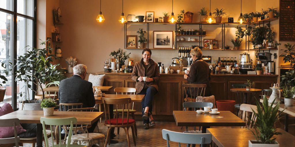 Warm café interior with barista serving hot drinks to clients