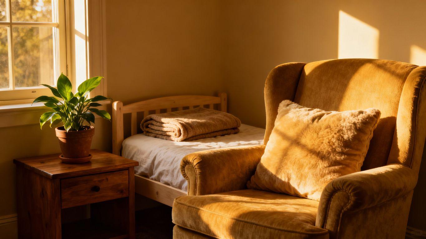Comfortable armchair and bed in a sunlit room.